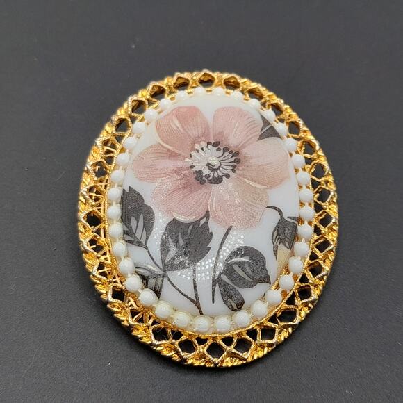 Vintage Hand Painted Porcelain Brooch, Pink Flower, 2 1/8", 1960s - Picture 4 of 11